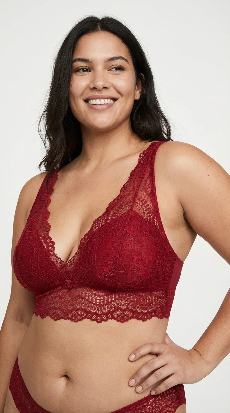 LunaIntim Kırmızı Dantelli Bralet Sütyen Balensiz ve Desteksiz (Boş Kap) V Yaka Model - Bralet Sütyen Tasarım Detay